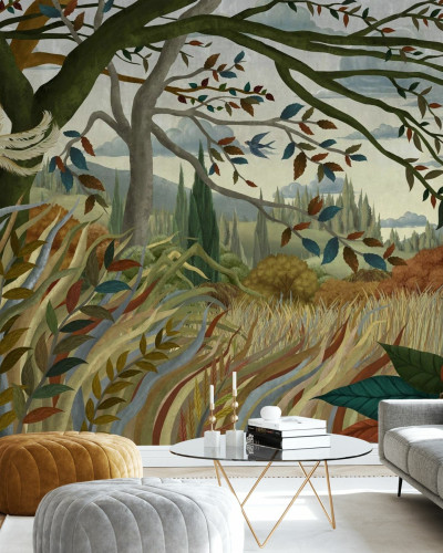 Wallpaper Autumnal Breeze cu un design artistic ce prezinta un peisaj de toamna.