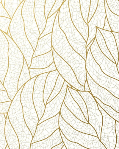 Tapet Gradient Gold Leaves cu frunze aurii pe un fundal alb, in interiorul unei camere moderne