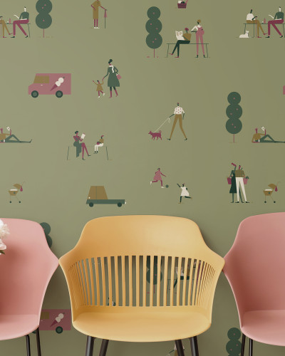 Tapet cu design minimalist, cu oameni si masini ilustrate, pe un fundal verde deschis.