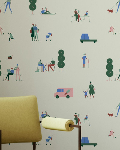 Tapet cu design urban ce ilustreaza o scena din parc, cu oameni, copaci si masini.