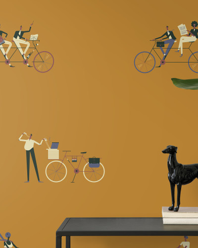 Tapet cu design grafic modern, Ride III. Imagine cu personaje pe biciclete.