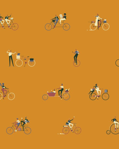 Tapet cu design grafic modern, Ride III. Imagine cu personaje pe biciclete.