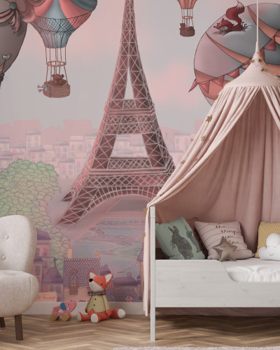 Wallpaper Bonsoir Paris cu baloane cu aer cald ce zboară deasupra Parisului.