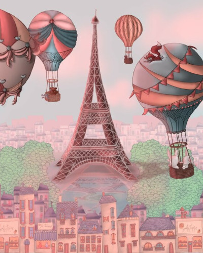 Wallpaper Bonsoir Paris cu baloane cu aer cald ce zboară deasupra Parisului.
