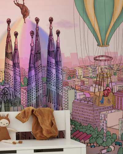 Tapet Rainbow Lights Barcelona, tapet cu baloane cu aer cald și animale adorabile, inspirat de arhitectura Barcelonei