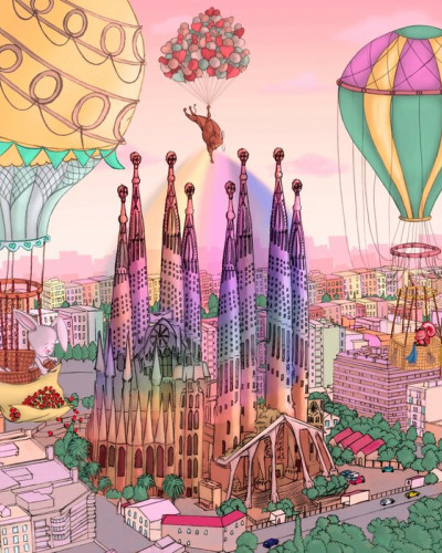 Tapet Rainbow Lights Barcelona, tapet cu baloane cu aer cald și animale adorabile, inspirat de arhitectura Barcelonei