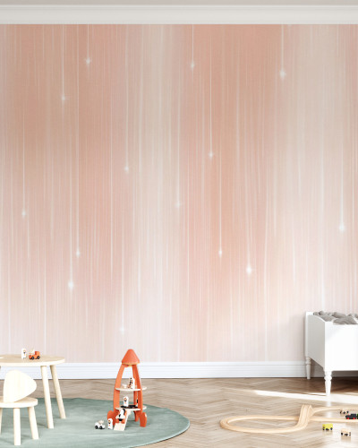 Tapet Starfall, Peachy cu design modern, în tonuri de piersică pal, cu linii verticale fine și steluțe delicate.