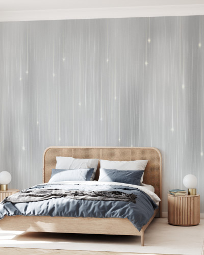Tapet Starfall Soft Grey cu design delicat de stele argintii pe un fundal gri moale
