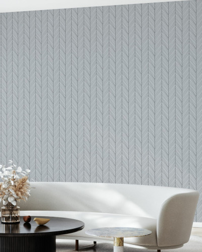 Tapet Herringbone II, Gri, cu model delicat si minimalist, intr-un living modern.