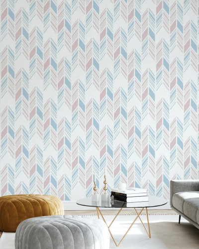 Tapet Herringbone IV, Blue and Pink, cu model geometric de oase de hering in nuante de albastru si roz, in living