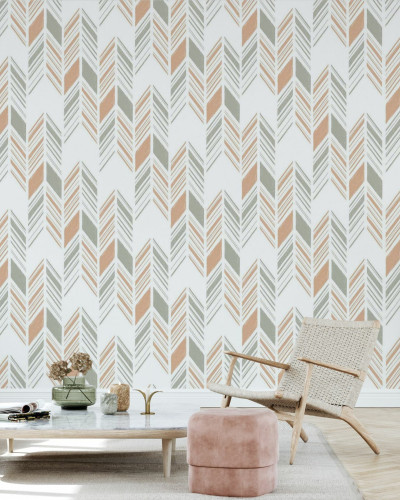 Tapet cu model Herringbone IV, Orange and Green, cu săgeți stilizate în nuanțe de portocaliu și verde.
