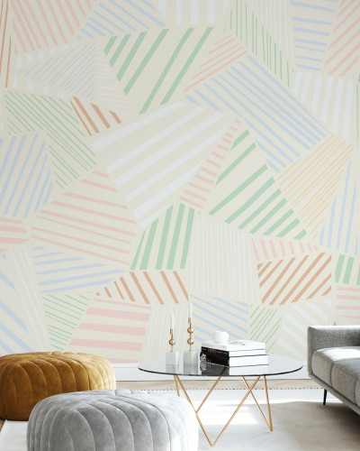 Tapet cu model herringbone în culori pastelate, potrivit pentru living sau dormitor.