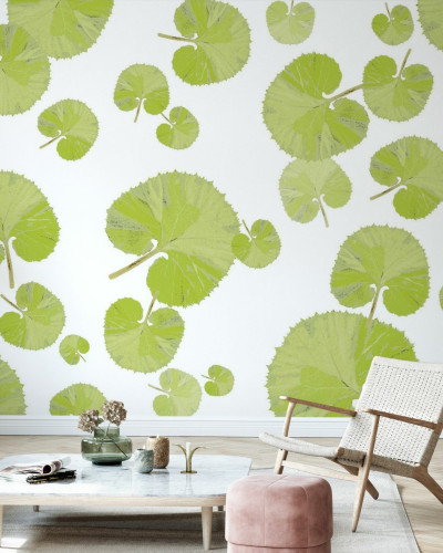 Wallpaper cu frunze verzi pe fond alb, in living