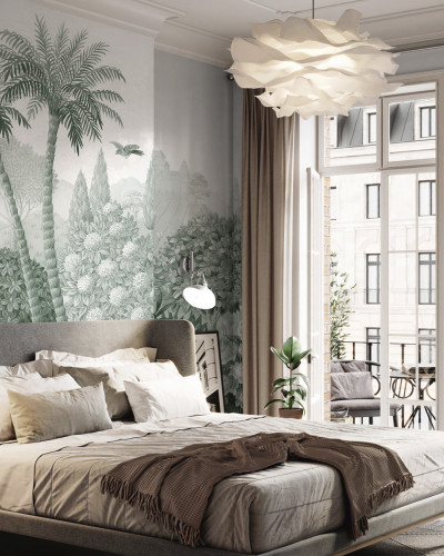 Tapet cu design toscan, Tuscan Splendor, Green - Panorama. Prezinta un peisaj cu palmieri, flori si un conac in tonuri de verde si gri.