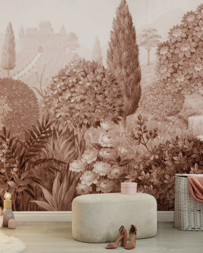 Wallpaper panoramic cu design toscan, în nuanțe de roșu, cu detalii bogate ale unei grădini.