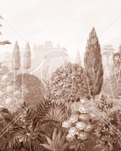Wallpaper panoramic cu design toscan, în nuanțe de roșu, cu detalii bogate ale unei grădini.