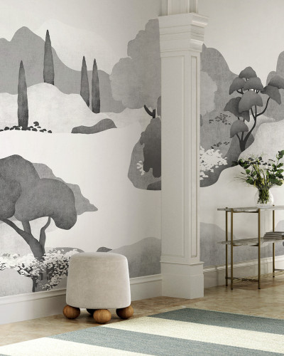Imperial Field, tapet perete alb-negru, cu design minimalist, prezentand un peisaj montan