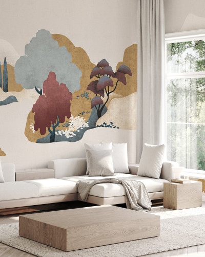 Tapetul Imperial Field - Panorama cu un design modern, abstract cu culori neutre, care reprezintă dealuri și copaci, ideal pentru living