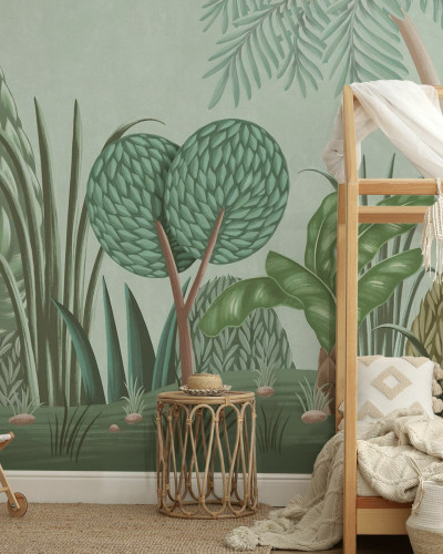 Tapet Nightfall Garden, Turquoise - Panorama, cu design exotic, culori vii si detalii delicate