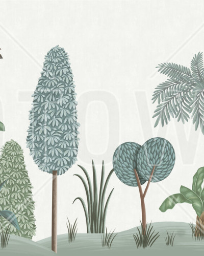 Wallpaper cu panorama unei grădini luxuriante din Africa, cu palmieri înalți, plante exotice și păsări colorate