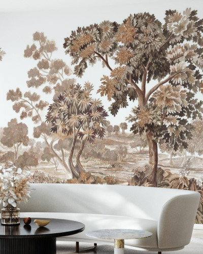 Tapet cu design natural, Old Forest, Timeless Taupe, cu nuanțe de maro și bej, perfect pentru un dormitor sau o sufragerie.