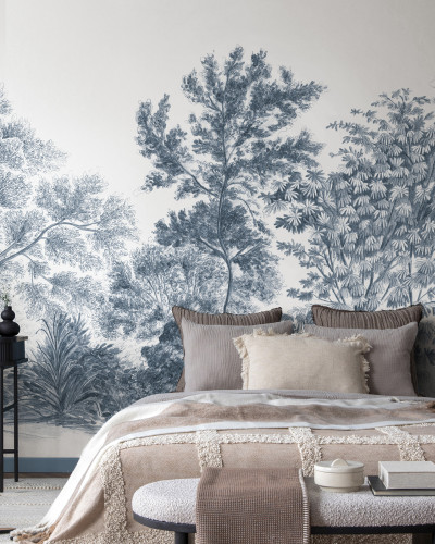 Tapet cu design minimalist, albastru pal, cu arbori, perfect pentru dormitor.