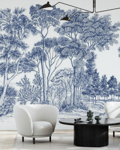 Panou cu design unic, The Long Walk, Deep Blue,  cu imagini de arbori în nuanțe de albastru, perfect pentru a crea un perete accent în living, dormitor sau birou.