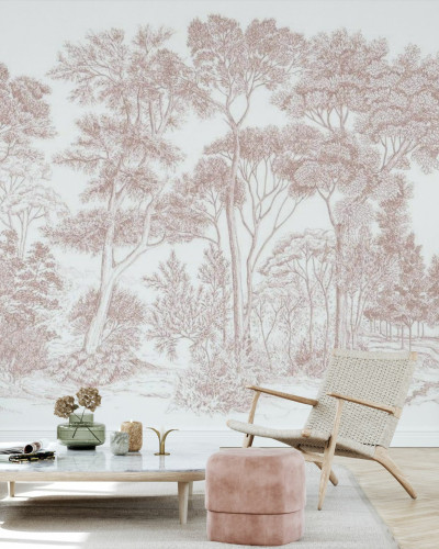 Tapet cu design modern - The Long Walk, Earthy Pink, imagine cu o cameră cu canapea, scaun, masă, decoratiuni, tapetul cu design de pădure desenată în nuanțe de roz pământiu, tapet panorama