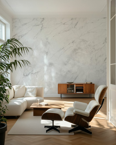 Fototapet cu aspect de marmură albă într-un living modern