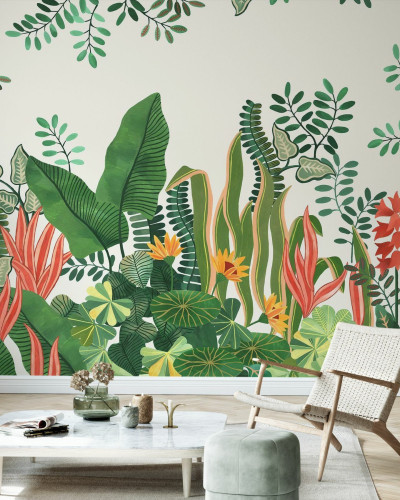 Fototapet cu design luxuriant de frunze și vegetație tropicală