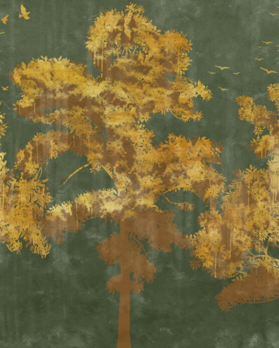 Fototapet cu design de arbori aurii pe fundal verde