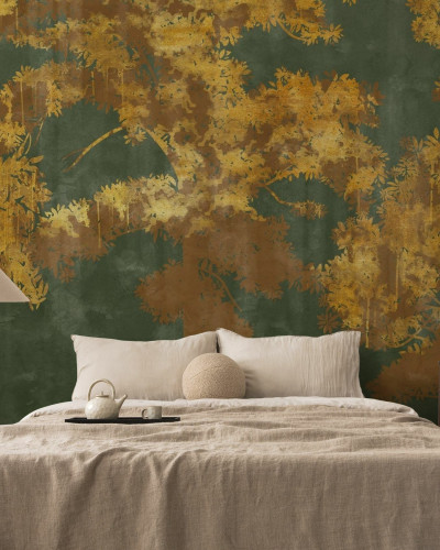 Fototapet cu design de arbori aurii pe fundal verde
