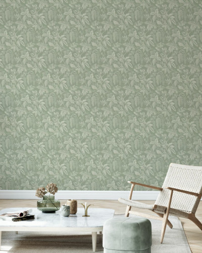 Fototapet cu model de frunze delicate într-un living modern
