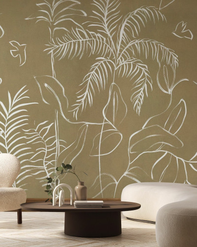Fototapet bej cu design floral și linii abstracte