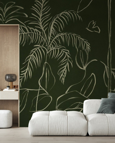 Fototapet cu linii fine și motiv floral pe fundal verde închis