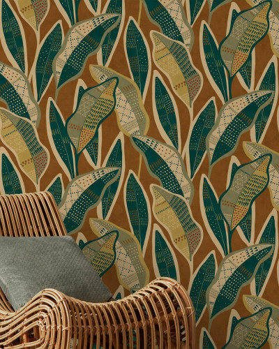Fototapet cu frunze decorative pe fundal maro