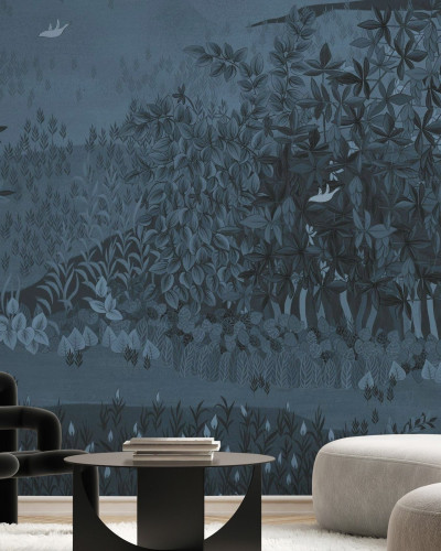 Fototapet cu design floral în nuanțe de denim decolorat