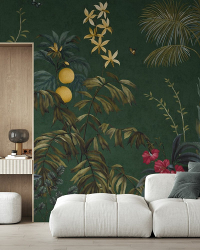 Fototapet cu design botanic luxuriant pe fundal verde