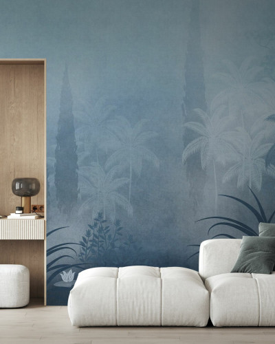 Fototapet cu peisaj tropical albastru în living