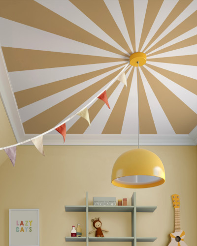 Fototapet cu model geometric galben și alb într-o cameră de copii