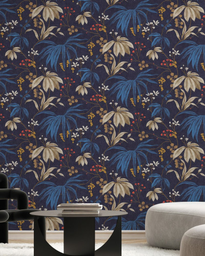 Fototapet floral cu design elegant pe fundal albastru