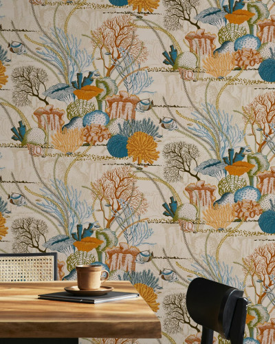 Fototapet cu motiv tropical, beige, cu corali și pești