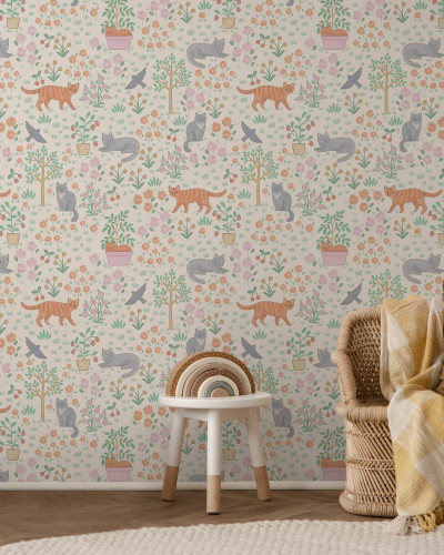 Fototapet cu pisici jucăușe și flori colorate