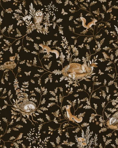 Fototapet cu design vintage ce reprezintă o pădure cu animale pe fundal negru