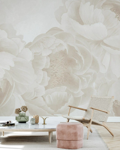 Fototapet floral cu bujori bej deschis