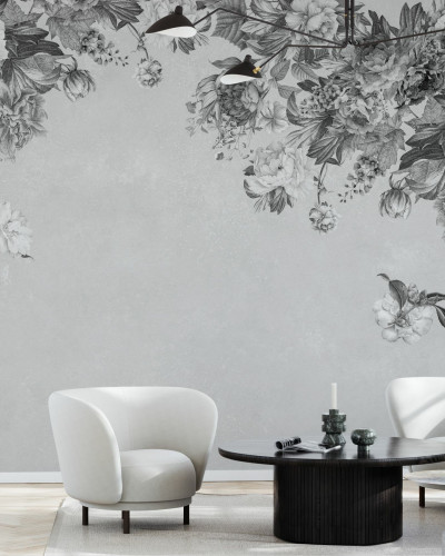 Fototapet cu flori vintage alb-negru într-un interior modern