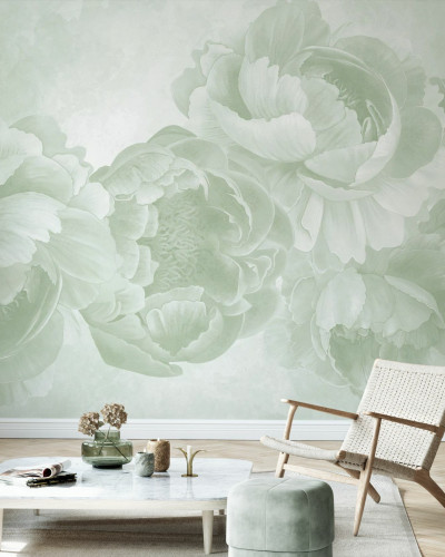 Fototapet floral cu bujori verzi într-un living modern