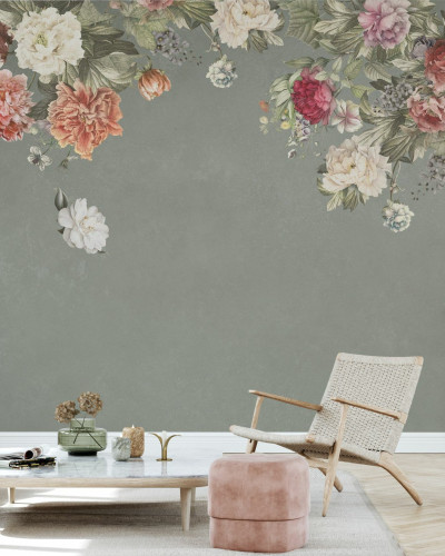 Fototapet floral vintage cu fundal verde
