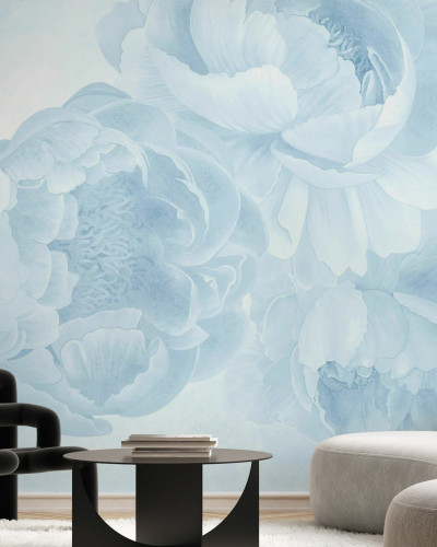 Fototapet floral cu pioni albastru deschis într-un interior modern