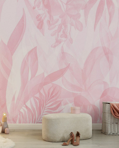 Fototapet floral roz cu frunze stilizate intr-un decor interior elegant